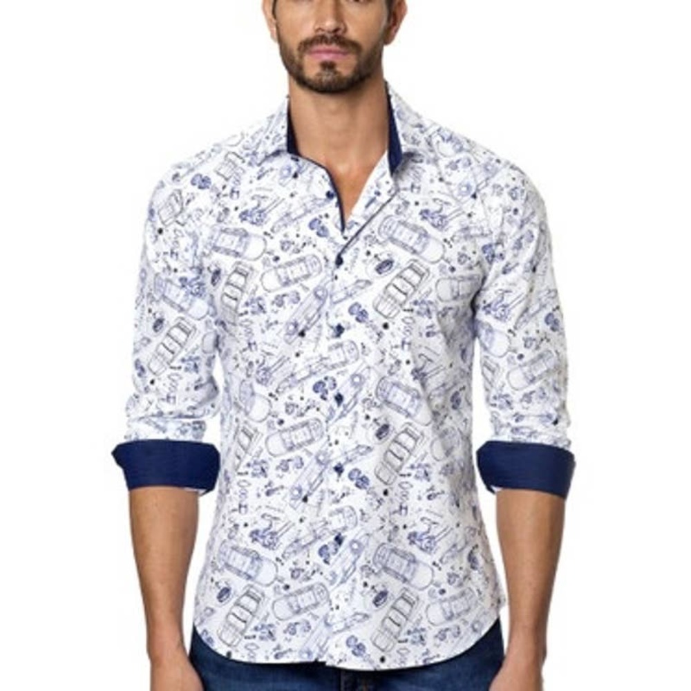 Jared Lang Shirt Mens 2X XXL Blue White Car‎ Print C-06 Button Up Contrast Cuffs